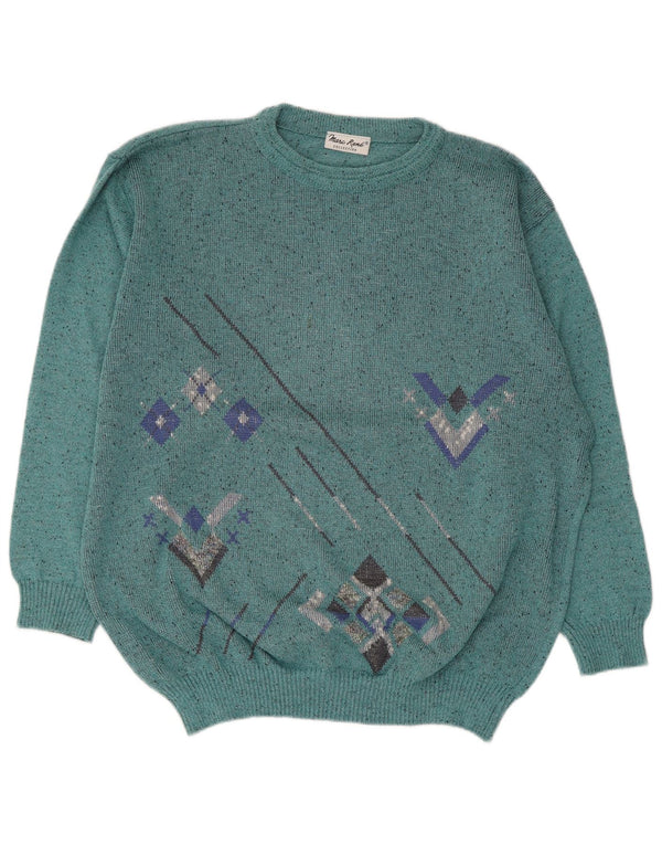 Marc Rene Mens Crew Neck Jumper Sweater UK 46 XL Turquoise Geometric Cotton