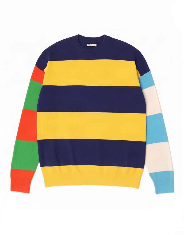 Maglione maglione girocollo da uomo Zara in cotone a righe multicolore medio