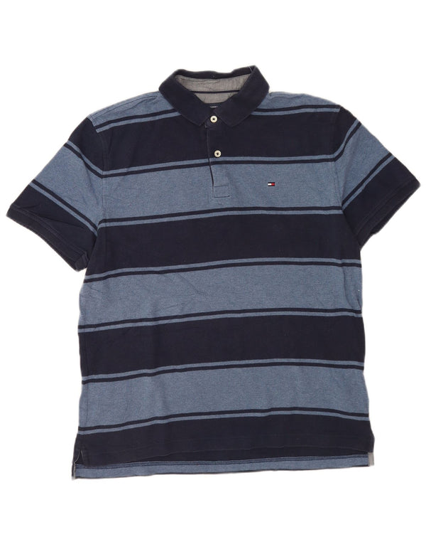 Tommy Hilfiger Mens Polo Shirt Medium Navy Blue Striped Cotton