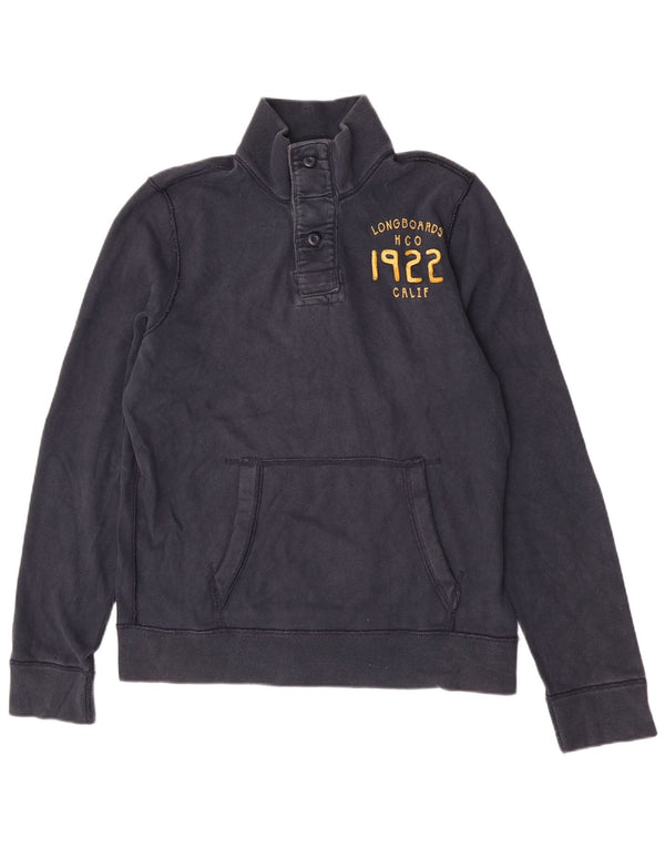 Felpa Hollister da uomo con collo con bottoni grafici, maglione XL, cotone blu navy