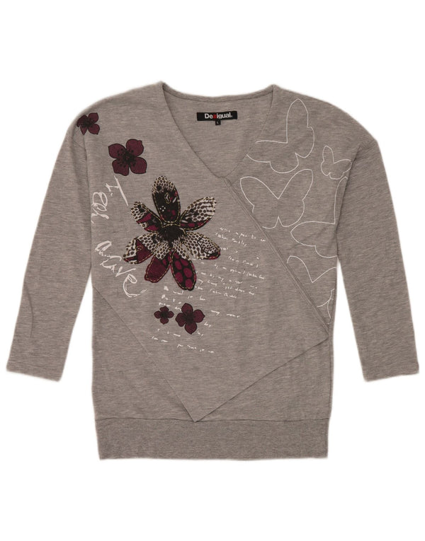 Desigual Womens Graphic Felpa Jumper UK 16 Grande farfalla floreale grigia