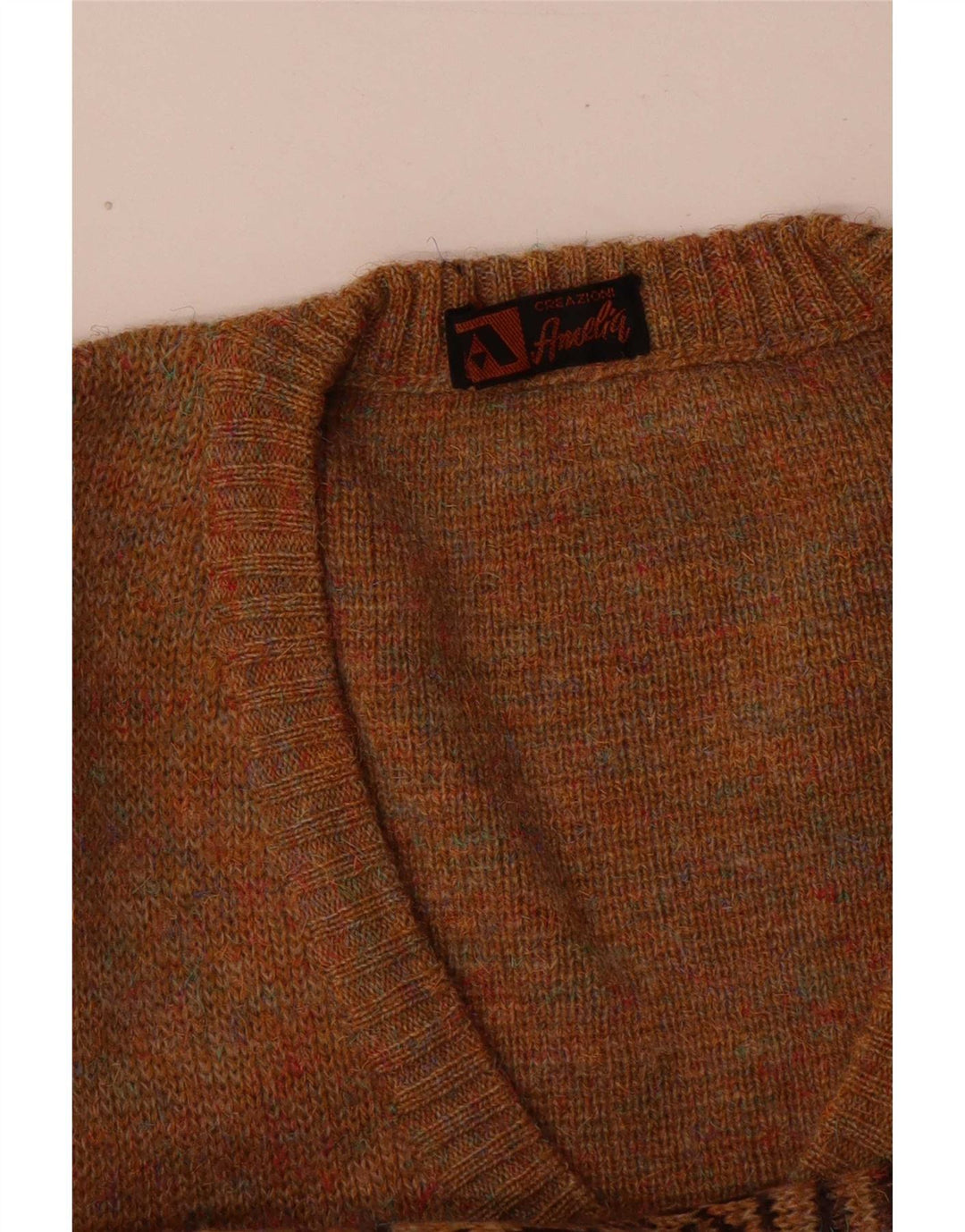Maglione vintage da uomo con scollo a V in acrilico Fair Isle marrone medio