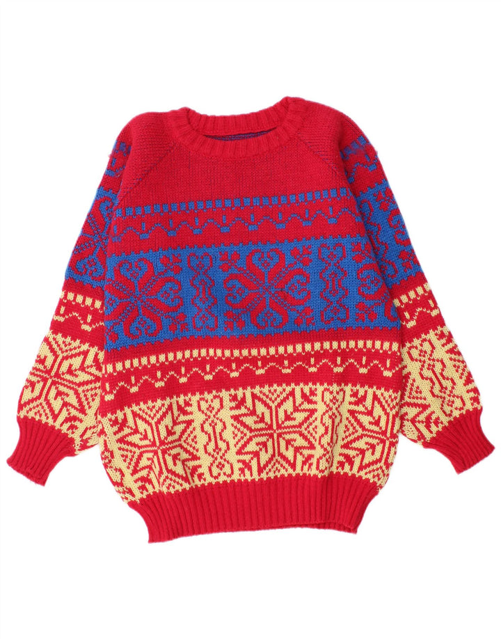 Maglione vintage da uomo con scollo a barca, rosso medio, Fair Isle