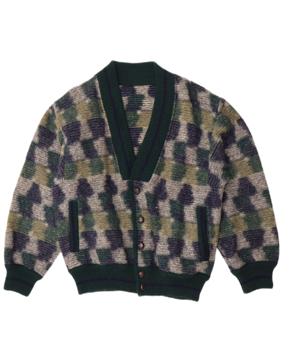 Maglione cardigan vintage da uomo verde medio geometrico