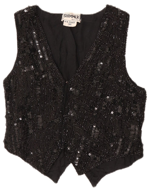 Gilet vintage da donna con paillettes UK 12 seta media nera