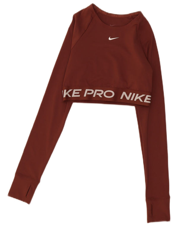 Nike Dri Fit Crop Graphic Top manica lunga da donna UK 10 Small Marrone
