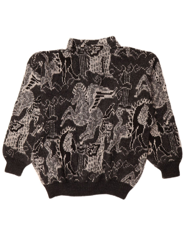 Maglione cardigan da donna vintage UK 18 XL lana geometrica nera