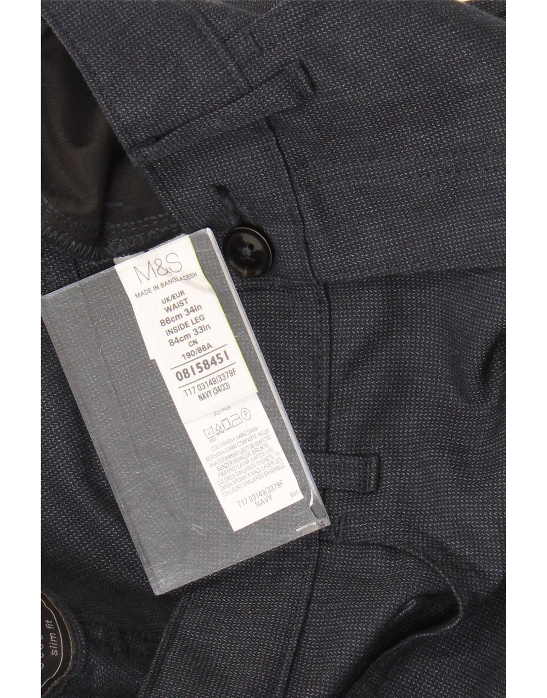 Pantaloni da abito dritti da uomo Marks & Spencer W34 L33 poliestere blu navy