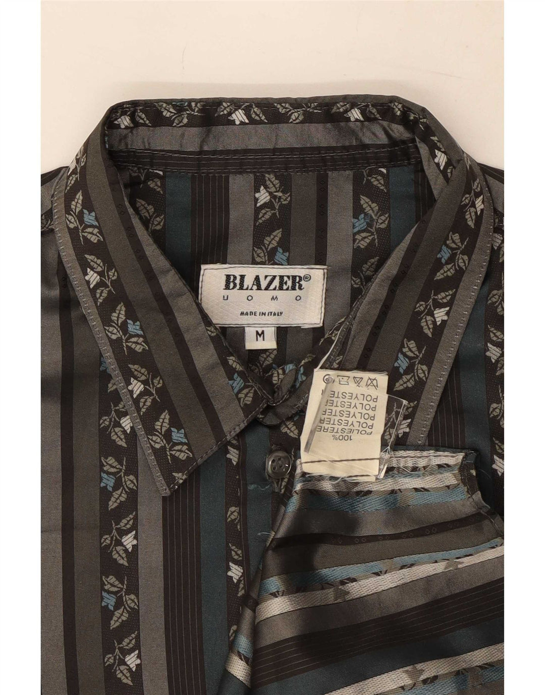 Camicia vintage da uomo a maniche corte in poliestere a righe nere medie