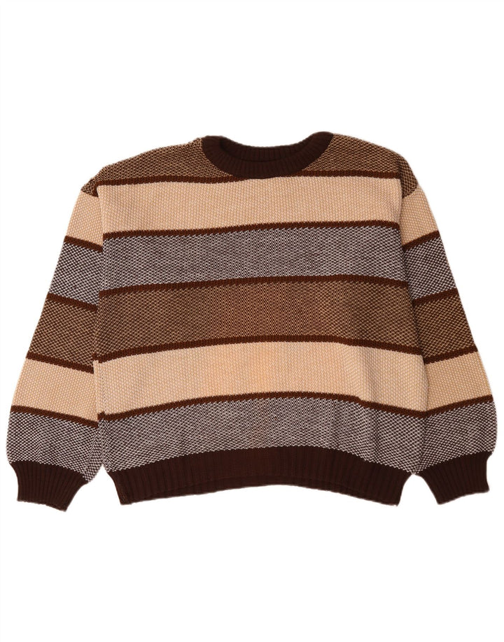 Maglione maglione girocollo vintage da uomo XL a righe marroni