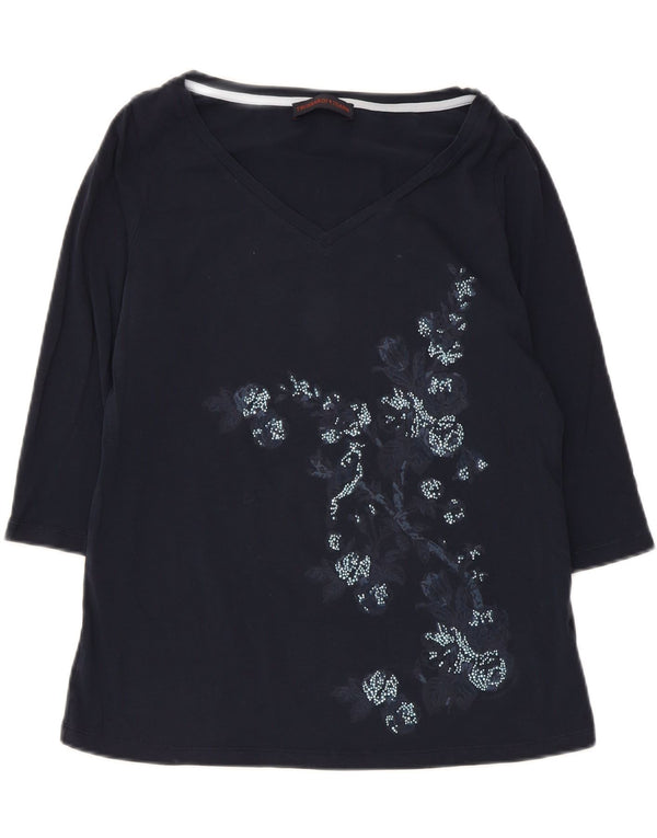 Trussardi Jeans Top Grafico da Donna Manica 3/4 UK 18 XL Blu Navy Floreale