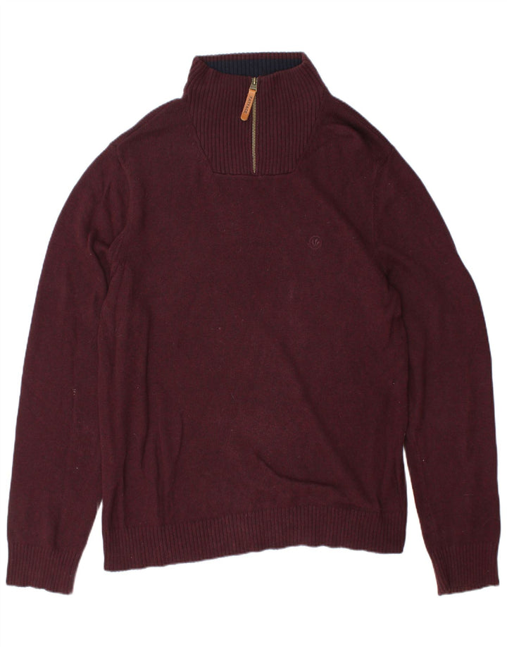 FAT FACE Maglione da uomo con zip e collo grande in cotone bordeaux