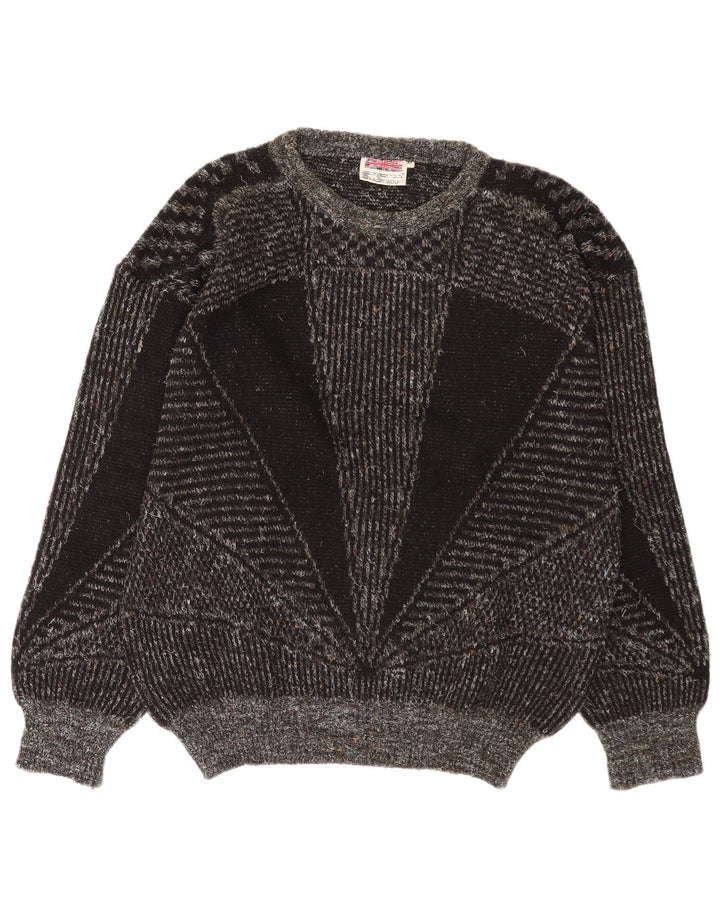 Maglione vintage da uomo con scollo a barca in lana geometrica grigio medio
