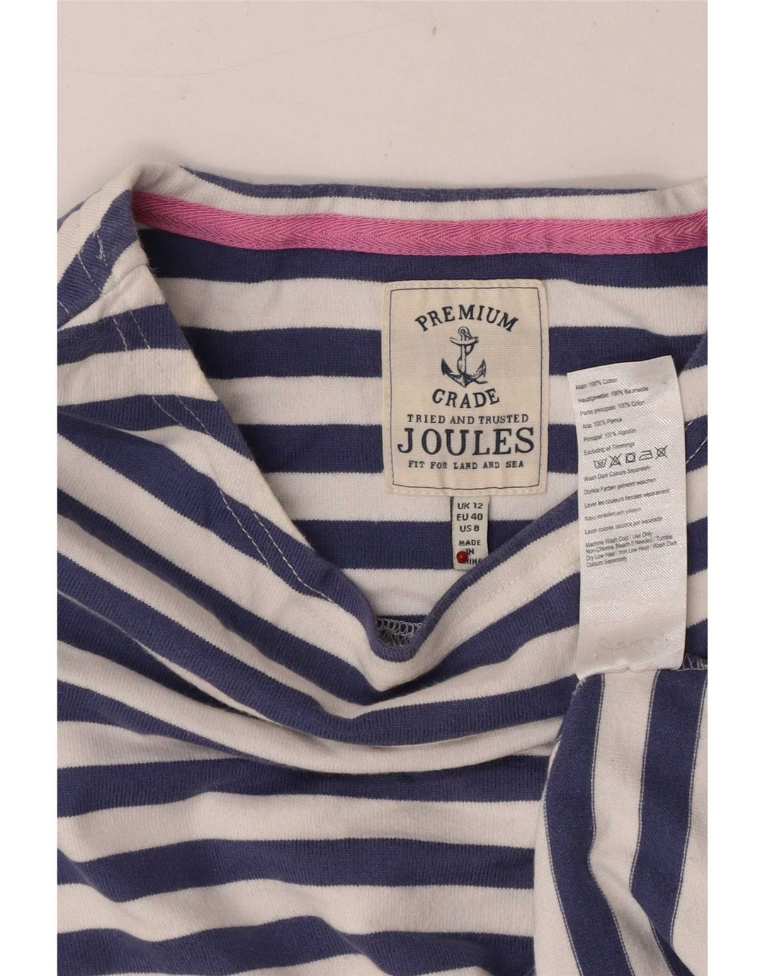 Joules Maglia regolare da donna con maniche a 3/4 UK 12 Cotone a righe blu medio