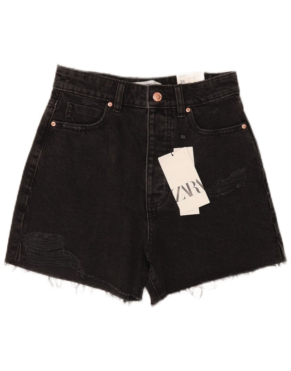 Pantaloncini di jeans invecchiati mamma Zara da donna EU 36 XS W26 cotone nero