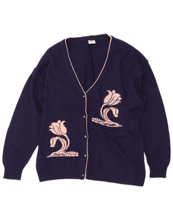 PIMET MAGLIERA Maglione cardigan grafico da donna UK 18 XL Blu navy floreale