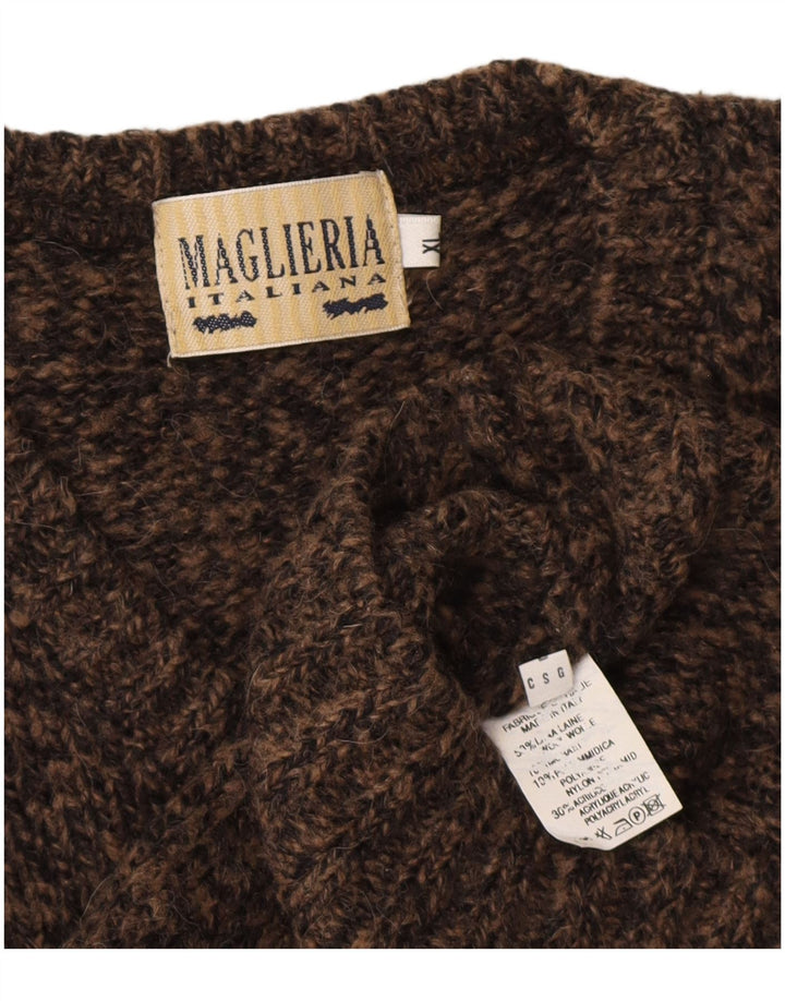 Maglione vintage da uomo con scollo a V XL in lana screziata marrone