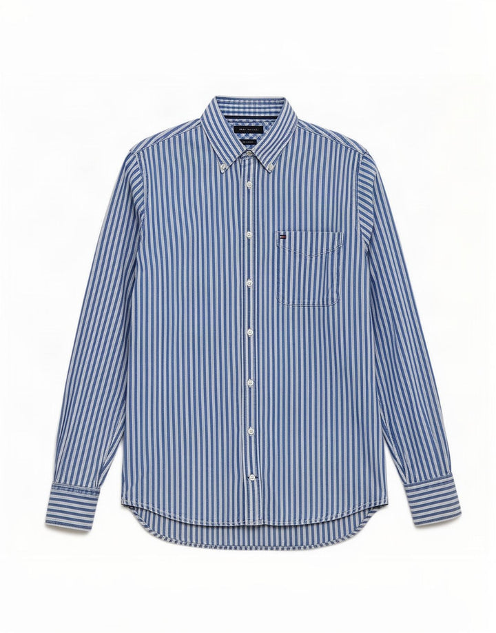 Camicia da uomo Tommy Hilfiger in cotone gessato blu medio