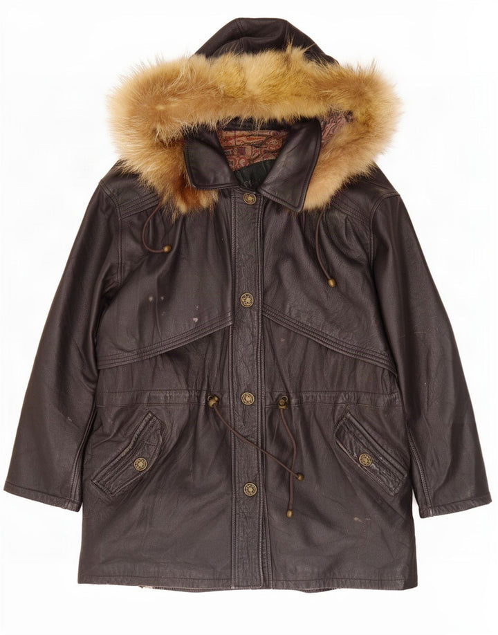 Cappotto vintage in pelle da donna con cappuccio IT 46 grande nero