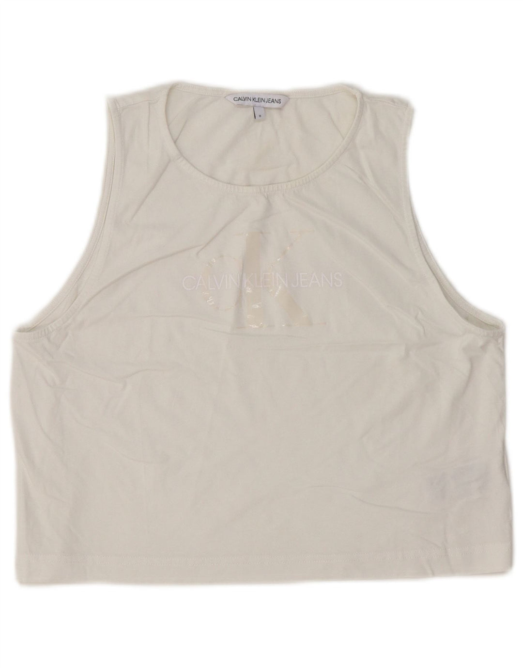 Calvin Klein Jeans Canottiera grafica corta da donna UK 12 Cotone bianco medio