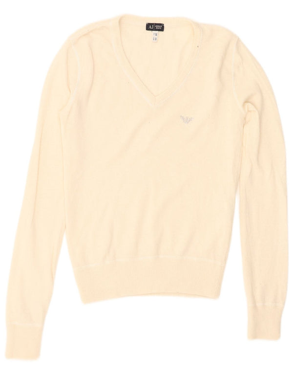 Armani Jeans Donna Maglione con scollo a V Maglione UK 4 XS Off White Viscosa