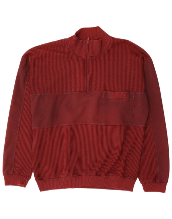 Vintage Mens Zip Neck Sweatshirt Jumper Large Burgundy Cotton