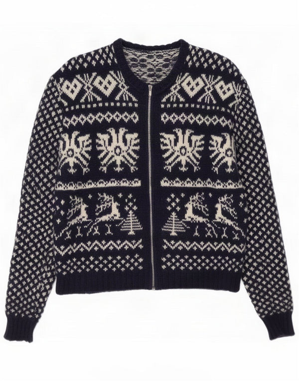 Maglione cardigan da donna vintage UK 14 Medio Blu Navy Fair Isle
