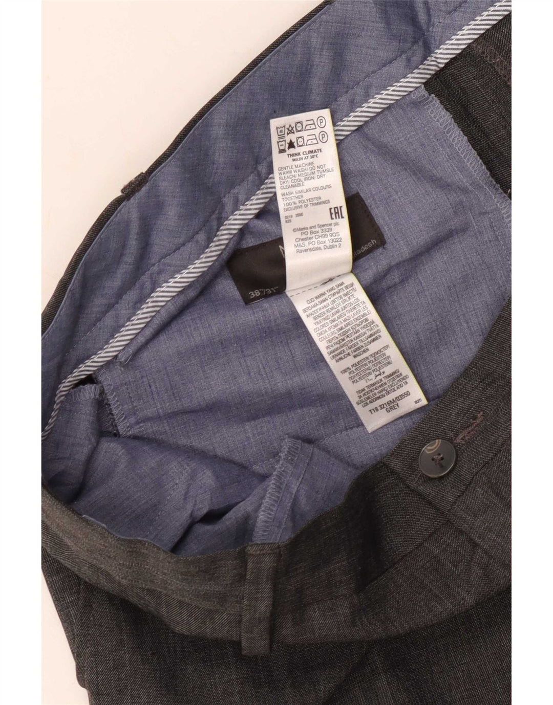 Pantaloni da abito regolari dritti da uomo Marks & Spencer W38 L31 poliestere grigio