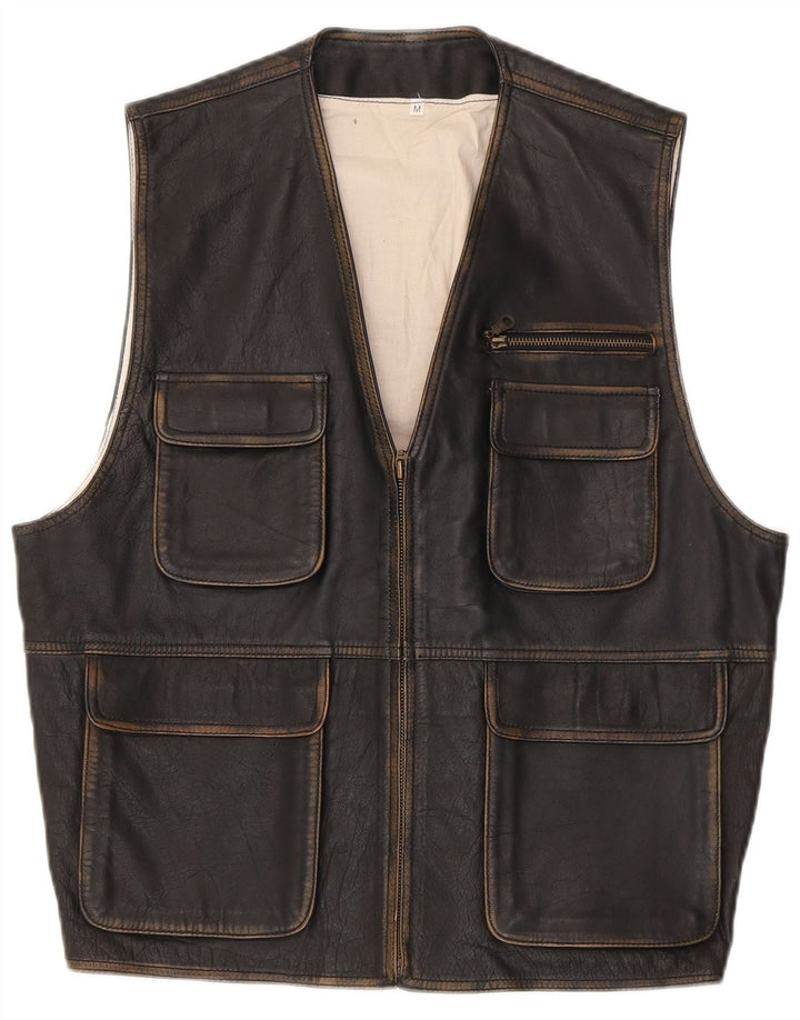 Gilet pratico in pelle da uomo vintage UK 38 medio nero