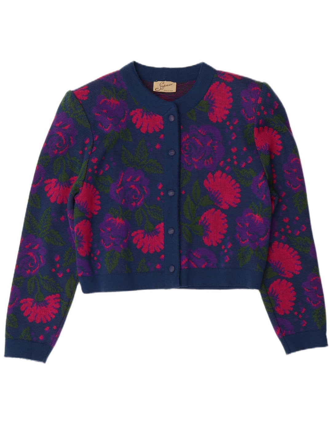 VINTAGE Set da donna 3 pezzi IT 46 Large W26 Lana vergine floreale blu navy