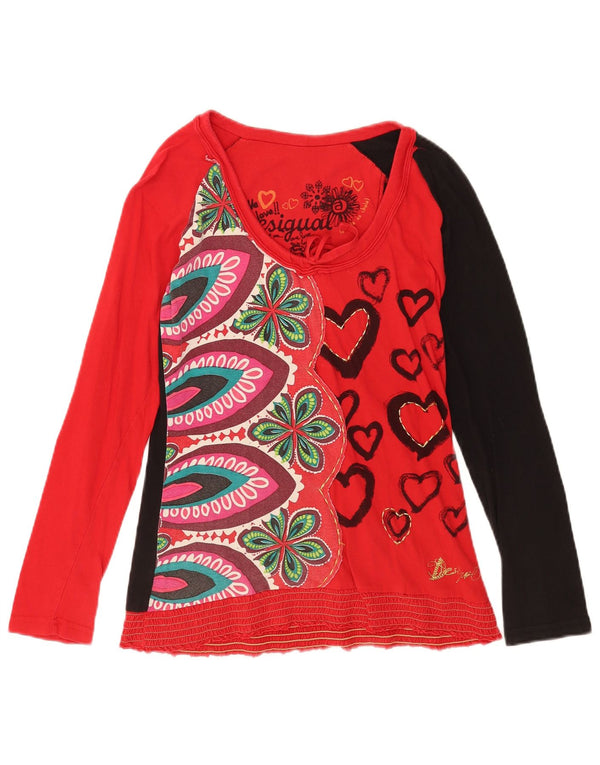Desigual Donna Graphic Top Manica Lunga UK 12 Medio Rosso Floreale
