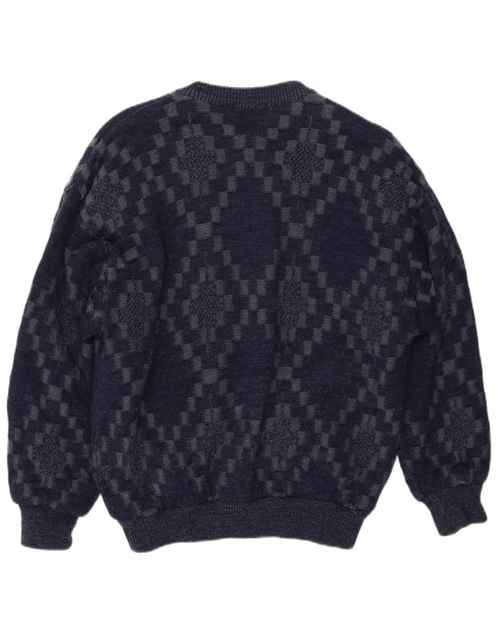 Maglione cardigan da uomo VINTAGE grande viscosa geometrica blu navy
