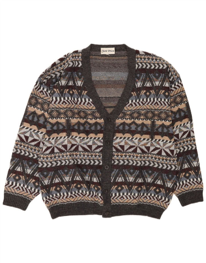 Maglione cardigan da uomo vintage in lana geometrica grigio medio