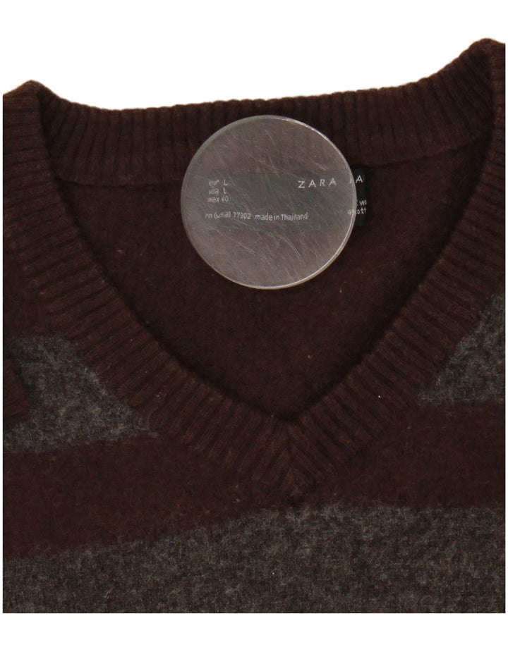 Maglione Zara da uomo con scollo a V in lana a righe marrone medio