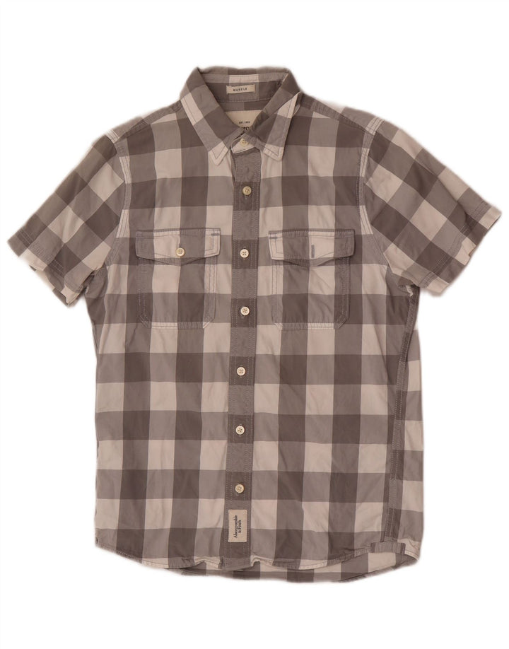 Camicia a maniche corte da uomo Abercrombie & Fitch piccola in cotone a quadri grigi