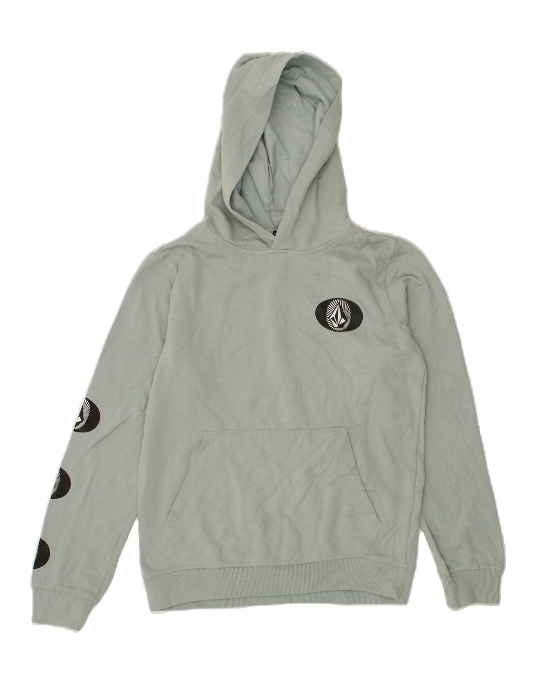 VOLCOM Womens Graphic Hoodie Jumper UK 12 Medium Blue Cotton Vintage Volcom and Second-Hand Volcom from Messina Hembry 