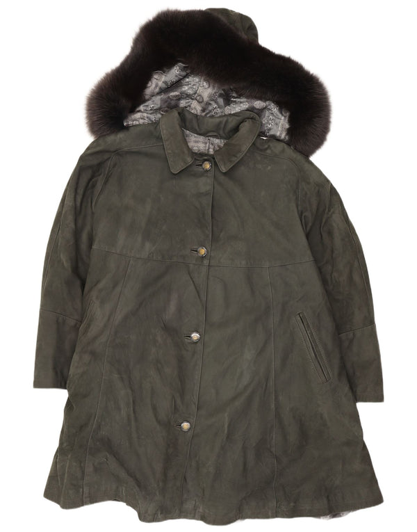 Soprabito vintage in pelle scamosciata con cappuccio da donna UK 18 XL in pelle verde