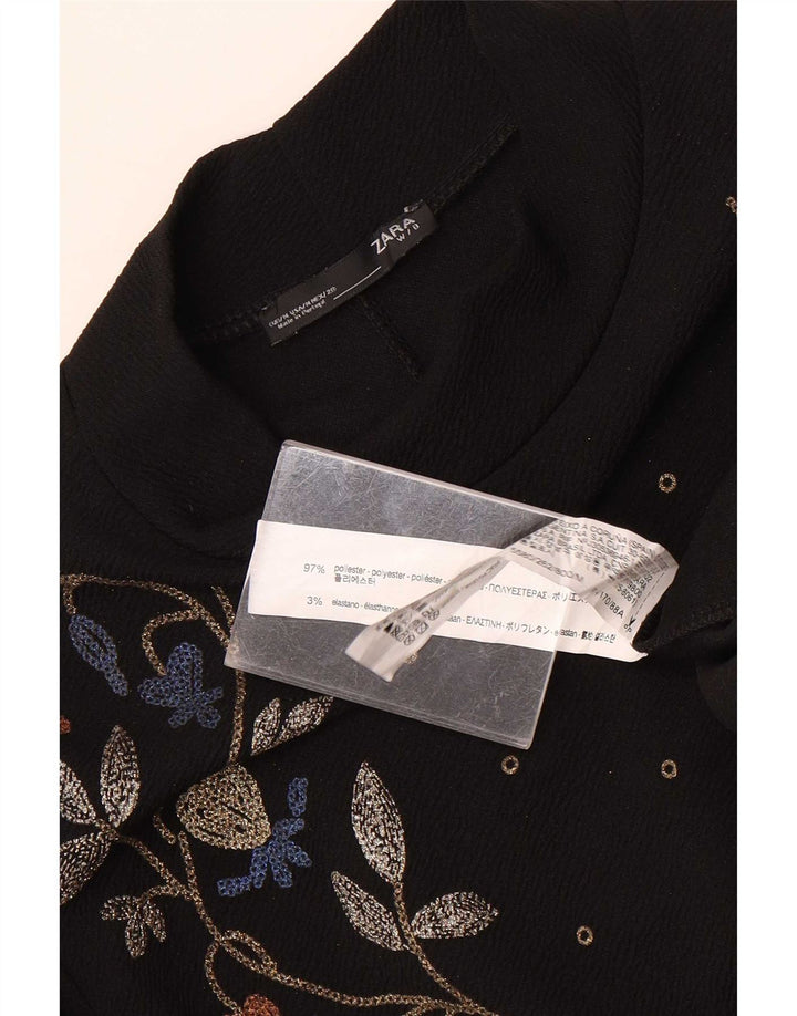 Abito a trapezio a maniche lunghe da donna Zara UK 12 Poliestere floreale nero medio