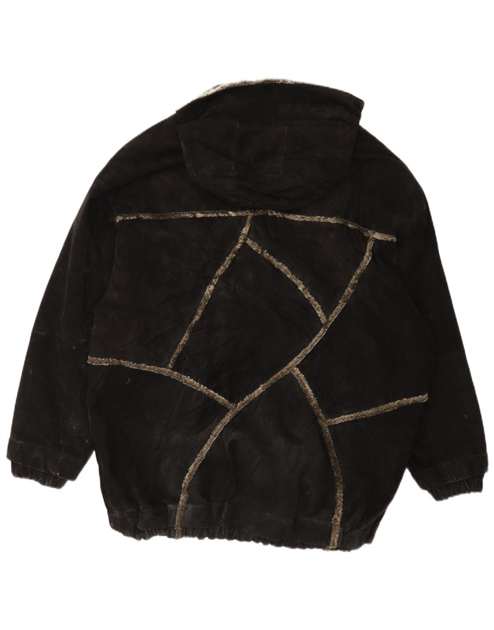 GIORGIO MOBIANI Giacca scamosciata da uomo con cappuccio UK 44 2XL Pelle nera