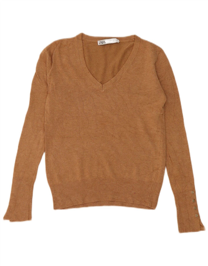 Maglione con scollo a V da donna Zara UK 10 piccolo Beige