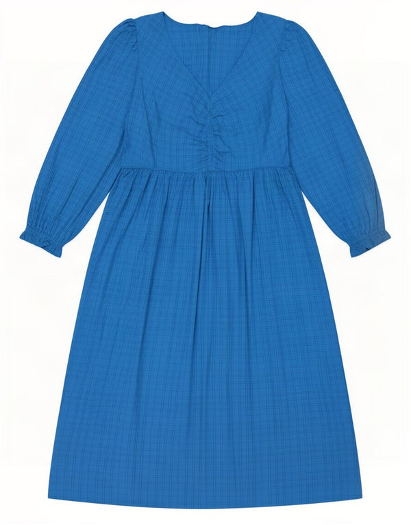 Abito lungo a maniche lunghe da donna Marks & Spencer UK 18 XL blu a quadri modal
