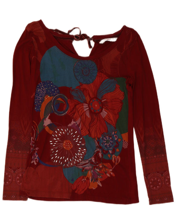 Desigual Donna Top Manica Lunga UK 10 Piccolo Rosso Floreale Cotone