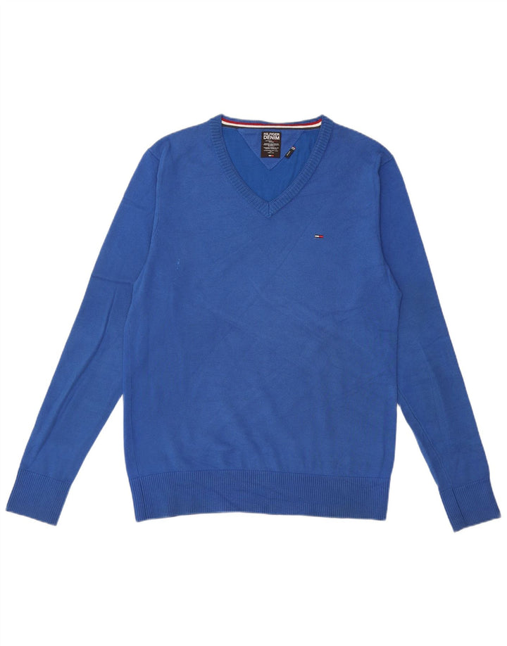 Maglione maglione con scollo a V da uomo Tommy Hilfiger in cotone blu medio