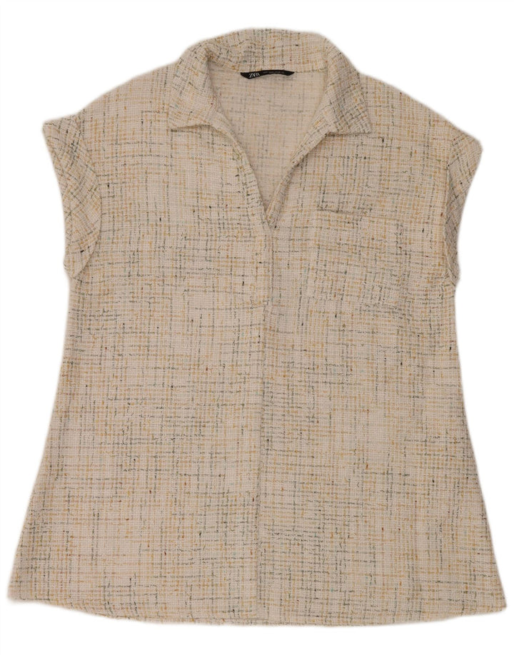 Polo senza maniche da donna Zara UK 14 Poliestere screziato bianco sporco medio