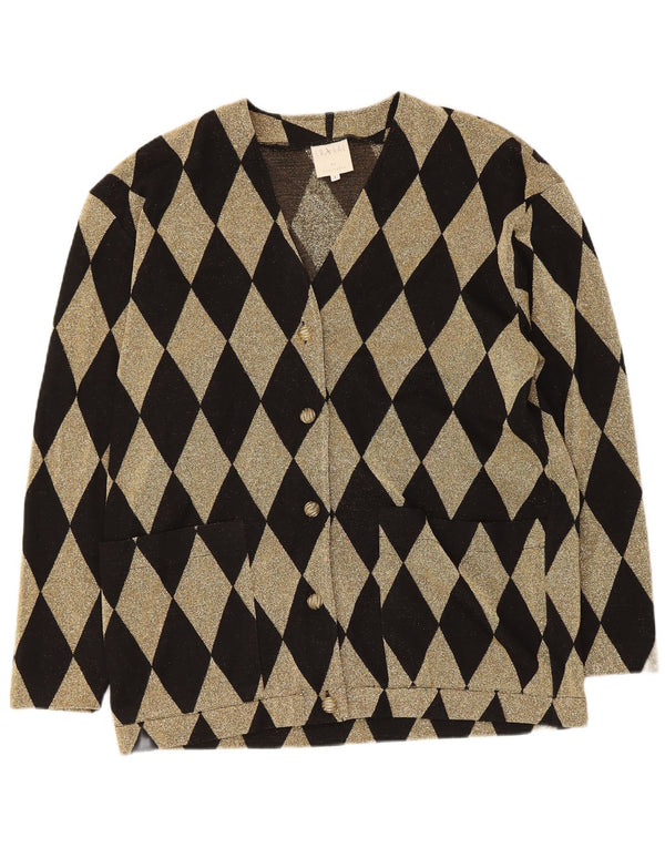 Maglione cardigan oversize da donna vintage UK 16 grande nero a rombi/diamante