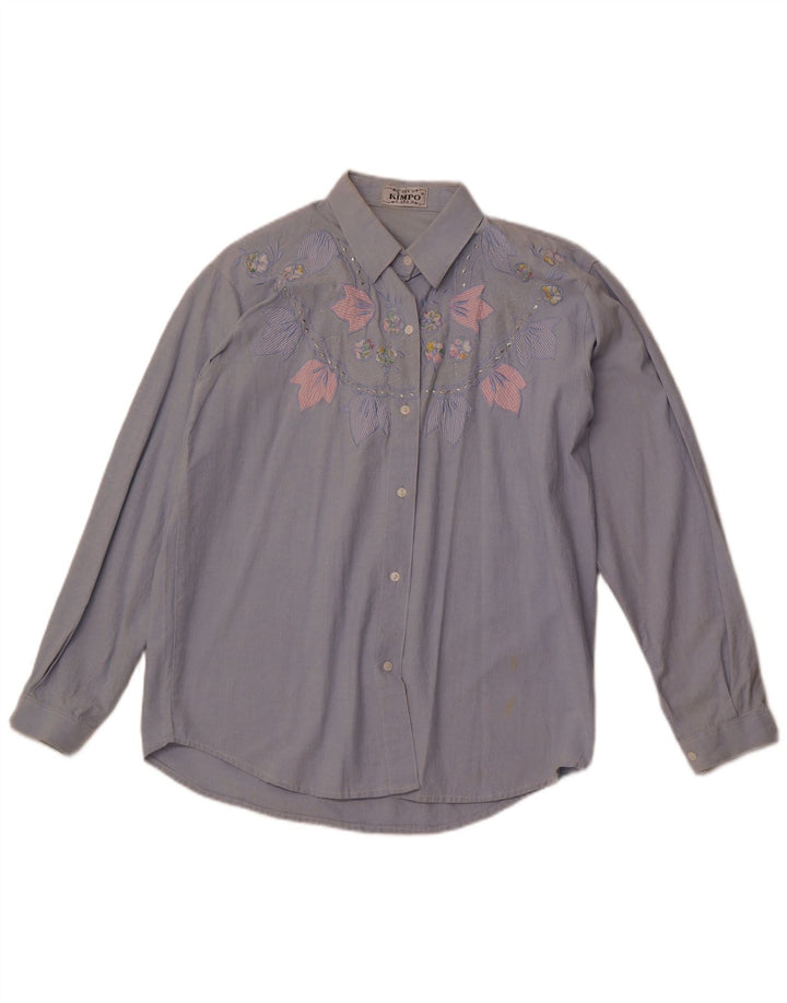 Camicia da donna VINTAGE UK 18 XL Blu floreale in cotone retrò