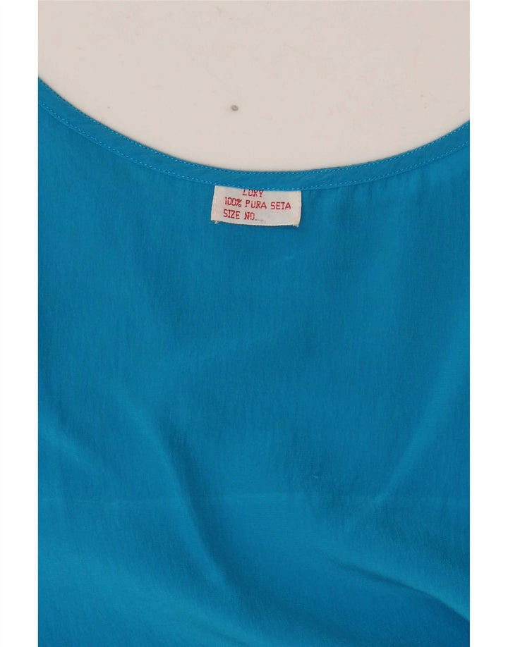 Camicetta senza maniche corta da donna vintage UK 14 Seta blu medio