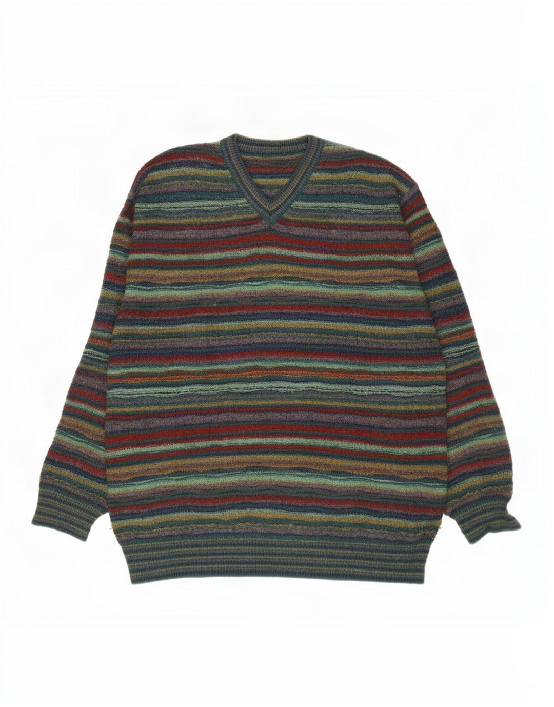 Maglione vintage da uomo con scollo a V, lana a righe verdi grandi