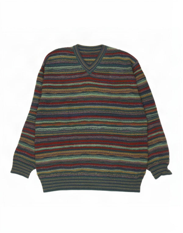 Maglione vintage da uomo con scollo a V, lana a righe verdi grandi