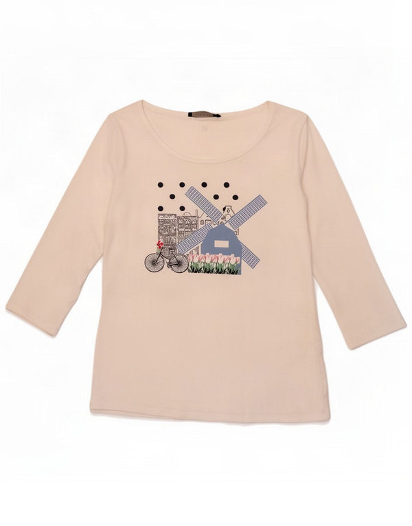 Max Mara Top grafico da donna manica 3/4 UK 14 Medium White